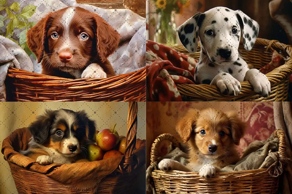 A collage of four adorable puppies in wicker baskets. Top left: a brown puppy with blue eyes. Top right: a Dalmatian puppy with black spots. Bottom left: a tricolor puppy with apples. Bottom right: a light brown puppy with blue eyes.