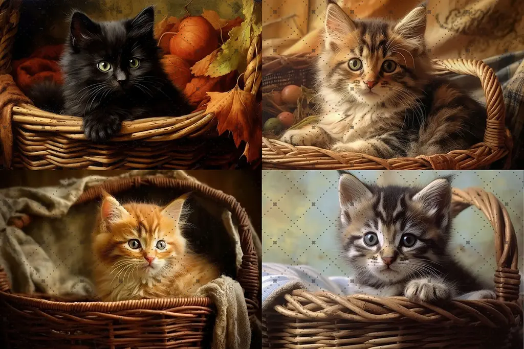 Four pictures show different kittens in cozy baskets surrounded by autumn-themed decorations. The top left kitten is black with pumpkins, top right is a brown tabby with gourds, bottom left is a ginger tabby, and bottom right is a grey tabby snuggled in a knit blanket.