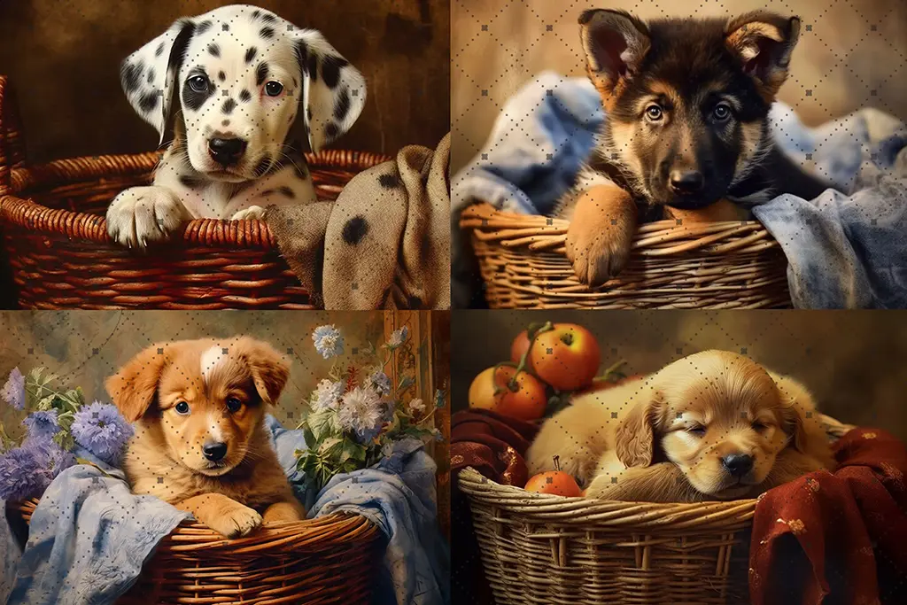 A quadriptych image of four puppies in woven baskets. Top left: a Dalmatian puppy with a blanket. Top right: a German Shepherd puppy with blue eyes. Bottom left: a fluffy brown puppy with flowers. Bottom right: a golden retriever puppy sleeping near apples.