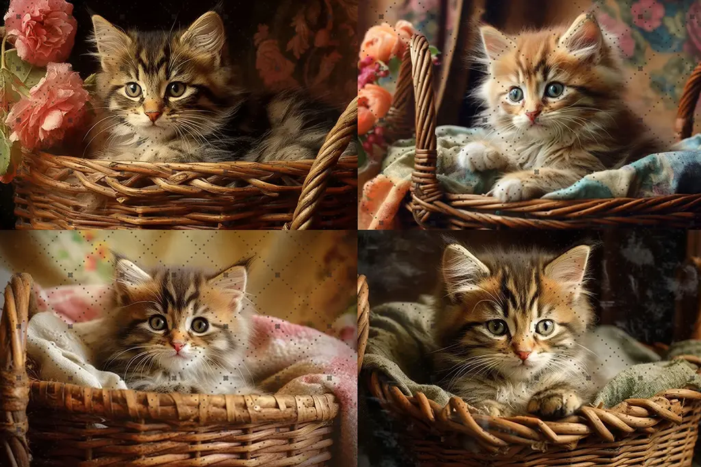 A collage of four adorable kittens nestled in wicker baskets. Each kitten has fluffy fur, big round eyes, and an inquisitive expression. The baskets are cozy with blankets, surrounded by soft, warm lighting and floral decorations.