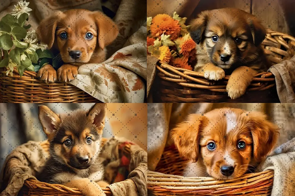 A collage of four images of adorable puppies in wicker baskets. Each puppy has expressive blue eyes and is surrounded by cozy, autumn-themed blankets and flowers. The top left puppy is tan, top right is brown, bottom left is brown with a hint of gray, and bottom right is golden.
