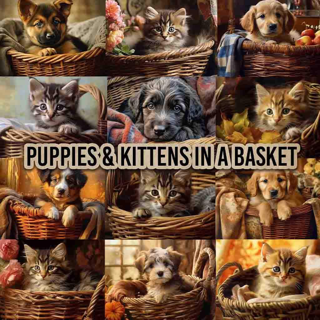 A collage of adorable puppies and kittens snuggled in baskets. Each square depicts a different puppy or kitten, with various fur colors and patterns, all looking sweet and cozy. The text "PUPPIES & KITTENS IN A BASKET" is overlaid in the center of the image.