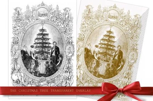 Two ornate holiday cards with Victorian-style illustrations of a family around a Christmas tree. One card features a monochromatic design, and the other a gold design on a transparent overlay. Both cards are topped with a red ribbon reading "THE CHRISTMAS TREE TRANSPARENT OVERLAY.