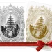 Two ornate holiday cards with Victorian-style illustrations of a family around a Christmas tree. One card features a monochromatic design, and the other a gold design on a transparent overlay. Both cards are topped with a red ribbon reading "THE CHRISTMAS TREE TRANSPARENT OVERLAY.