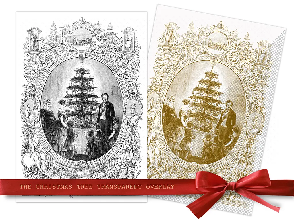Two ornate holiday cards with Victorian-style illustrations of a family around a Christmas tree. One card features a monochromatic design, and the other a gold design on a transparent overlay. Both cards are topped with a red ribbon reading "THE CHRISTMAS TREE TRANSPARENT OVERLAY.
