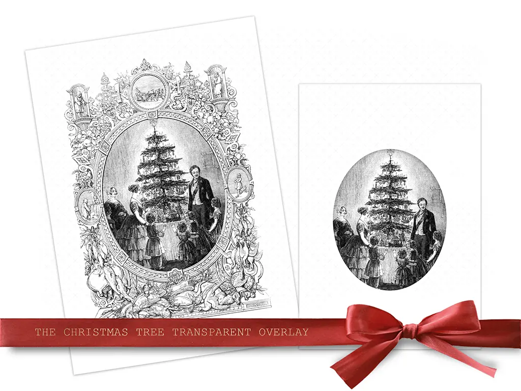 Black and white vintage Christmas illustration with three people around a decorated tree, framed by festive and elaborate holly and wreath designs. Text at the bottom reads "THE CHRISTMAS TREE TRANSPARENT OVERLAY" on a red ribbon adorned with a bow.