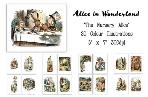 A collection titled "Alice in Wonderland: The Nursery Alice" featuring 20 color illustrations. The main image shows Alice at a tea party with the Mad Hatter and March Hare. Below, there are 12 thumbnail illustrations of various scenes from the story.