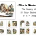 A collection titled "Alice in Wonderland: The Nursery Alice" featuring 20 color illustrations. The main image shows Alice at a tea party with the Mad Hatter and March Hare. Below, there are 12 thumbnail illustrations of various scenes from the story.
