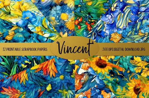 A collection of vibrant, watercolor-style floral and nature-themed scrapbook papers, arranged in a circular fan display. The center features a gold ribbon banner with the text "Vincent." Above and below the banner, text reads, "12 Printable Scrapbook Papers" and "300 DPI Digital Download JPG.