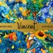A collection of vibrant, watercolor-style floral and nature-themed scrapbook papers, arranged in a circular fan display. The center features a gold ribbon banner with the text "Vincent." Above and below the banner, text reads, "12 Printable Scrapbook Papers" and "300 DPI Digital Download JPG.