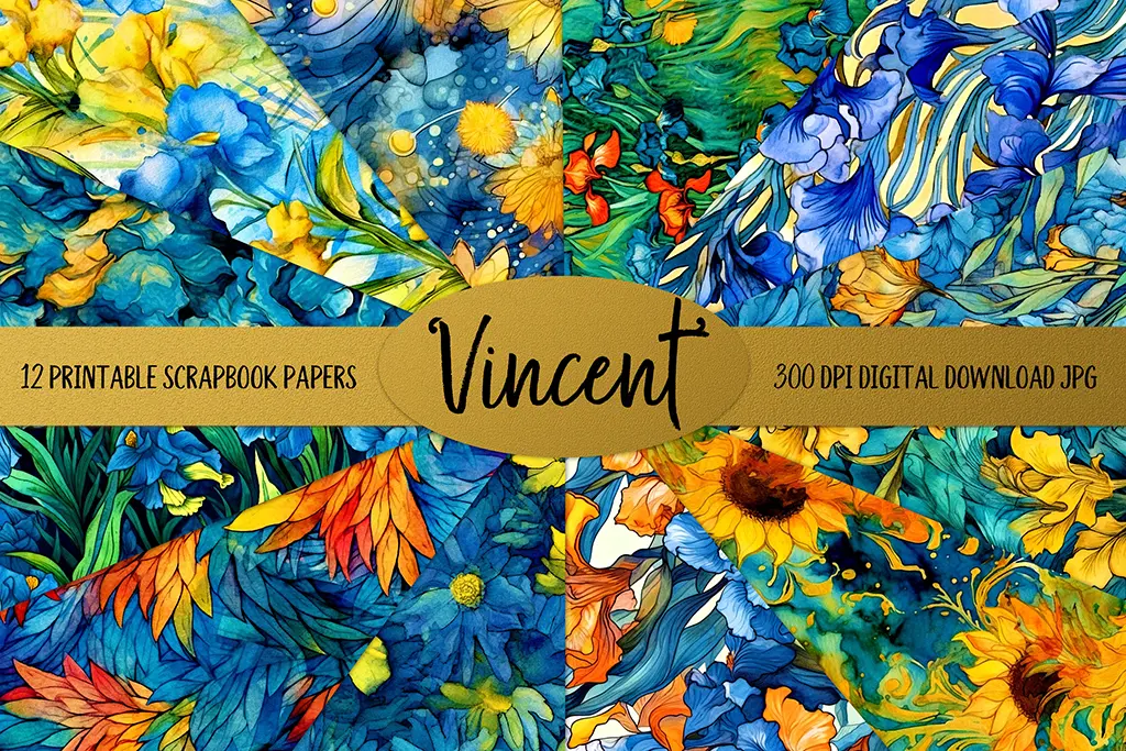 A collection of vibrant, watercolor-style floral and nature-themed scrapbook papers, arranged in a circular fan display. The center features a gold ribbon banner with the text "Vincent." Above and below the banner, text reads, "12 Printable Scrapbook Papers" and "300 DPI Digital Download JPG.