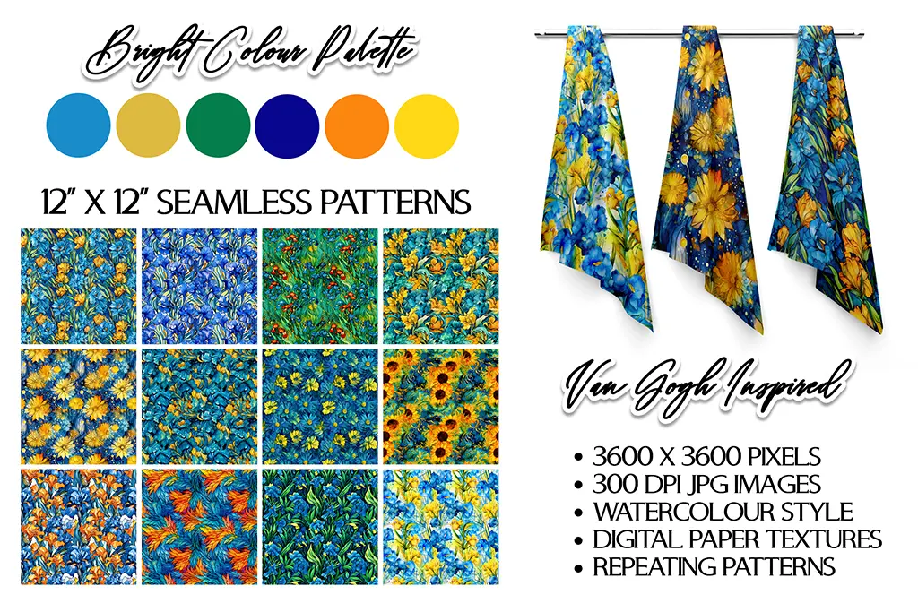 A collection of 12 seamless patterns inspired by Van Gogh's artworks are displayed. The patterns feature vibrant colors, primarily blue and yellow hues. Three fabric swatches hang on the right side, showcasing the designs. Text details the image specifications.