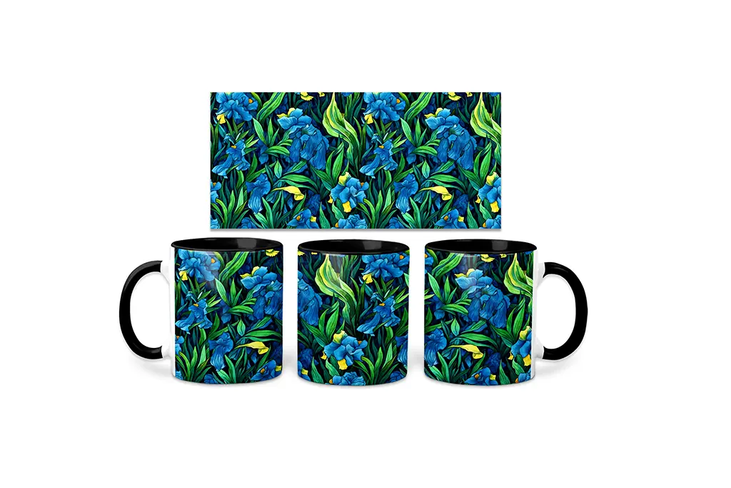 Three ceramic mugs with black handles and rims, displaying a vibrant floral pattern featuring blue irises, green leaves, and small yellow flowers. The same floral design is shown in a larger rectangular panel behind the mugs.