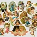 A collection of vintage Victorian-style illustrations depicting cherubic children and angels in various poses and settings. They hold flowers, musical instruments, and wear garments in soft pastel hues. The background is transparent.
