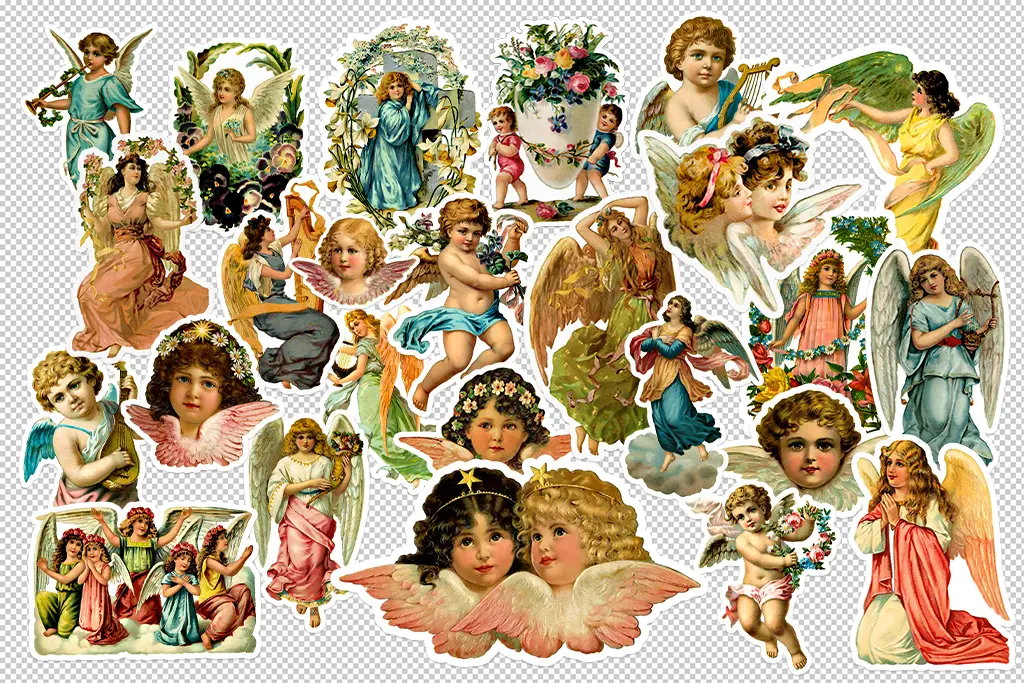 A collection of vintage Victorian-style illustrations depicting cherubic children and angels in various poses and settings. They hold flowers, musical instruments, and wear garments in soft pastel hues. The background is transparent.