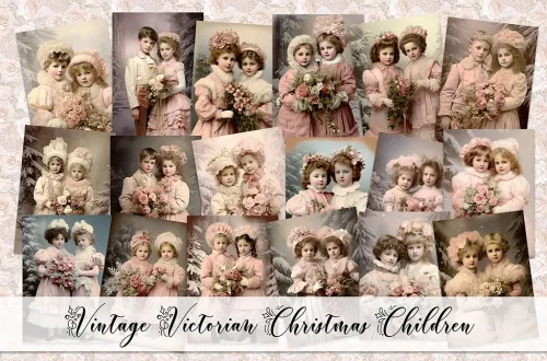 A collage of vintage Victorian Christmas children, featuring multiple sepia-toned photographs of young girls in elegant, period clothing. The girls hold flowers and wear bonnets, with a festive, holiday ambiance. Text at the bottom reads "Vintage Victorian Christmas Children.