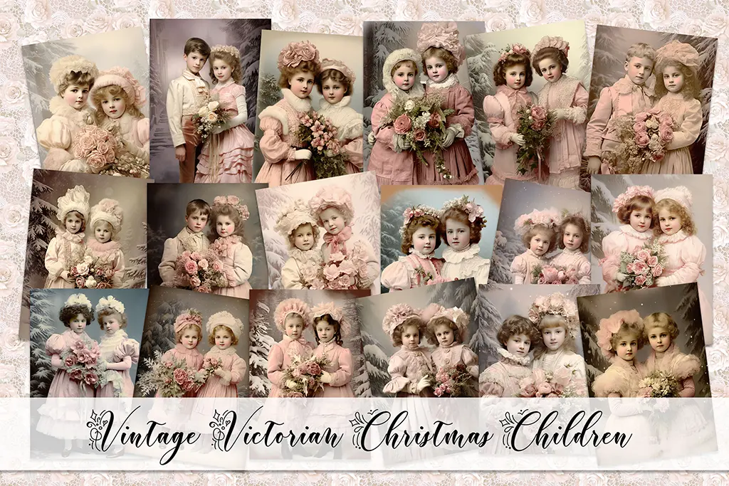 A collage of vintage Victorian Christmas children, featuring multiple sepia-toned photographs of young girls in elegant, period clothing. The girls hold flowers and wear bonnets, with a festive, holiday ambiance. Text at the bottom reads "Vintage Victorian Christmas Children.