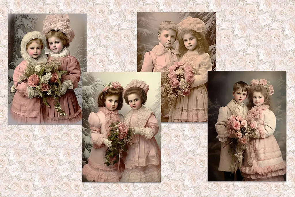 A vintage-style collage features four sepia-toned portraits of young children dressed in old-fashioned clothing, holding flower bouquets. The children wear bonnets, hats, and lace gloves, evoking a nostalgic, Victorian-era aesthetic. A floral pattern background unifies the collage.
