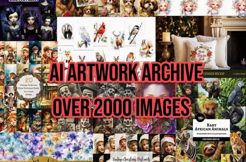 A collage featuring various themed images, including vintage portraits, animals, flowers, and decorative patterns. Text in the center reads "AI ARTWORK ARCHIVE OVER 2000 IMAGES" in bold red letters.