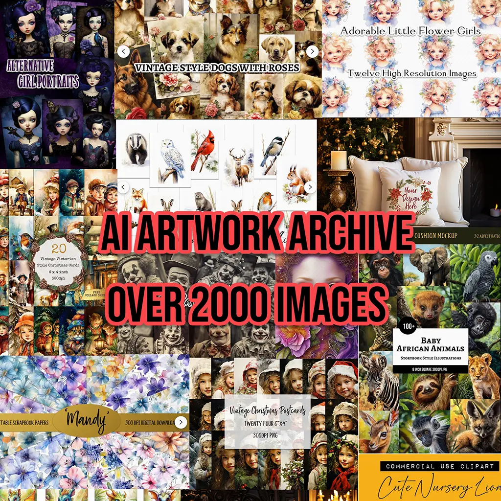 A collage featuring various themed images, including vintage portraits, animals, flowers, and decorative patterns. Text in the center reads "AI ARTWORK ARCHIVE OVER 2000 IMAGES" in bold red letters.