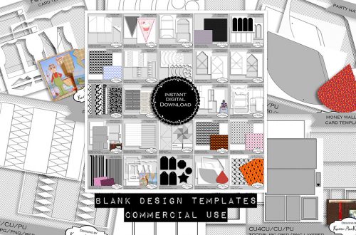 A collage featuring various design templates for commercial use. Templates include patterns, packaging designs, fabric swatches, and elements for DIY projects. There's a central label reading "Instant Digital Download" and a footer text says "Blank Design Templates Commercial Use.