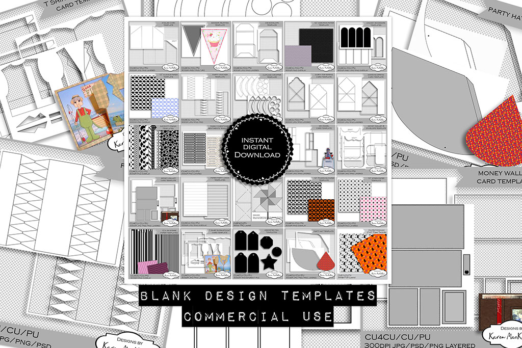 A collage featuring various design templates for commercial use. Templates include patterns, packaging designs, fabric swatches, and elements for DIY projects. There's a central label reading "Instant Digital Download" and a footer text says "Blank Design Templates Commercial Use.