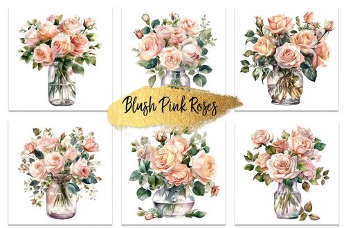 A collage of six images featuring blush pink rose bouquets in clear glass vases. Each arrangement varies slightly in composition and greenery. The center has a gold brush-stroke design with the text "Blush Pink Roses.