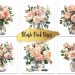 A collage of six images featuring blush pink rose bouquets in clear glass vases. Each arrangement varies slightly in composition and greenery. The center has a gold brush-stroke design with the text "Blush Pink Roses.