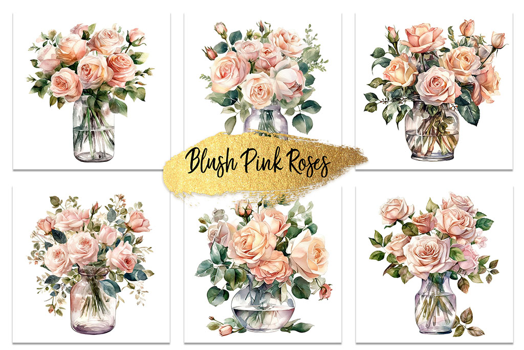 A collage of six images featuring blush pink rose bouquets in clear glass vases. Each arrangement varies slightly in composition and greenery. The center has a gold brush-stroke design with the text "Blush Pink Roses.