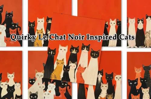 A group of whimsical, stylized cats in various colors against a red background. The central image is slightly tilted, showcasing the diverse feline designs reminiscent of Le Chat Noir art style. Text reads "Quirky Le Chat Noir Inspired Cats.