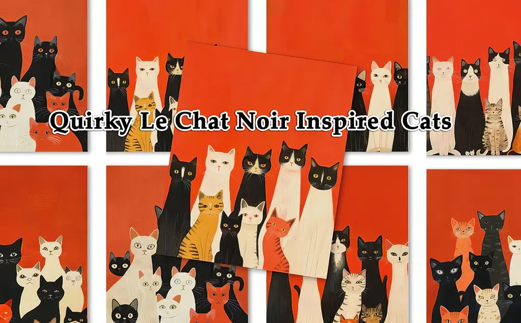 A group of whimsical, stylized cats in various colors against a red background. The central image is slightly tilted, showcasing the diverse feline designs reminiscent of Le Chat Noir art style. Text reads "Quirky Le Chat Noir Inspired Cats.