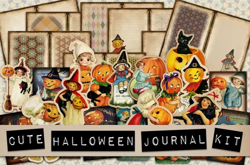 A collage of vintage Halloween-themed illustrations featuring children in costumes, jack-o'-lanterns, and black cats, with various patterned backgrounds. A black banner at the bottom reads "CUTE HALLOWEEN JOURNAL KIT" in block letters.