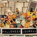 A collage of vintage Halloween-themed illustrations featuring children in costumes, jack-o'-lanterns, and black cats, with various patterned backgrounds. A black banner at the bottom reads "CUTE HALLOWEEN JOURNAL KIT" in block letters.