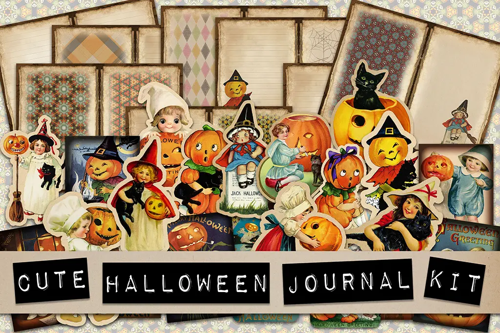 A collage of vintage Halloween-themed illustrations featuring children in costumes, jack-o'-lanterns, and black cats, with various patterned backgrounds. A black banner at the bottom reads "CUTE HALLOWEEN JOURNAL KIT" in block letters.