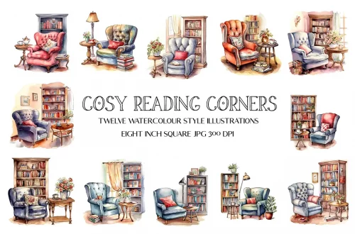 Watercolor illustrations of cozy reading corners featuring various armchairs, bookshelves, plants, and tables. Each vignette depicts a unique setup with different colored chairs and decor, creating a warm and inviting atmosphere for reading.