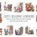 Watercolor illustrations of cozy reading corners featuring various armchairs, bookshelves, plants, and tables. Each vignette depicts a unique setup with different colored chairs and decor, creating a warm and inviting atmosphere for reading.