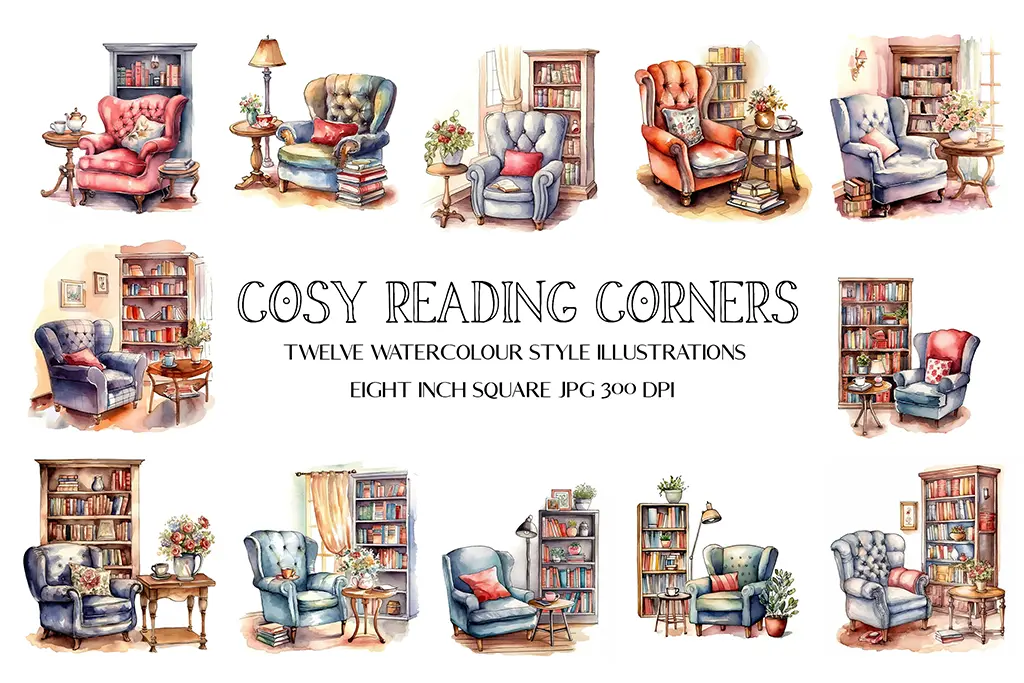 Watercolor illustrations of cozy reading corners featuring various armchairs, bookshelves, plants, and tables. Each vignette depicts a unique setup with different colored chairs and decor, creating a warm and inviting atmosphere for reading.