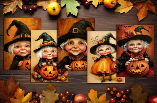 Five cheerful elderly women and children dressed as witches hold jack-o’-lanterns and pumpkins, surrounded by autumn leaves, apples, and berries on a wooden table, creating a festive Halloween atmosphere.