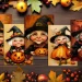 Five cheerful elderly women and children dressed as witches hold jack-o’-lanterns and pumpkins, surrounded by autumn leaves, apples, and berries on a wooden table, creating a festive Halloween atmosphere.