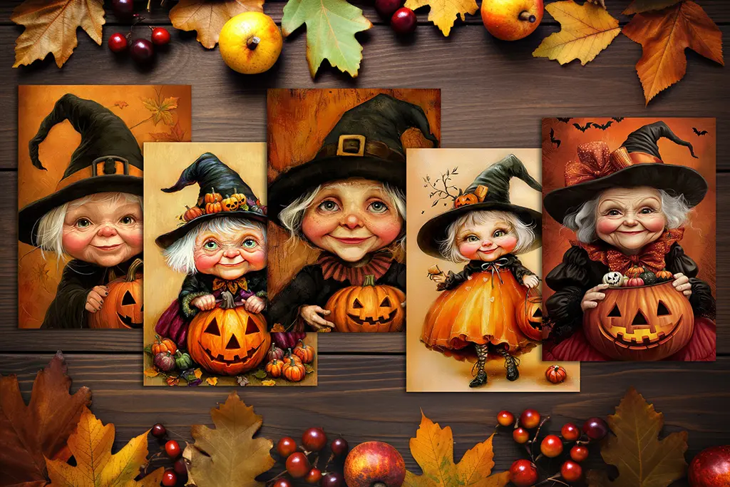 Five cheerful elderly women and children dressed as witches hold jack-o’-lanterns and pumpkins, surrounded by autumn leaves, apples, and berries on a wooden table, creating a festive Halloween atmosphere.