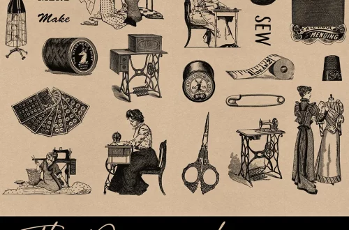 Vintage sewing-themed clipart set on a beige background. Includes dress forms, women sewing, a spool of thread, needle, thimble, scissors, safety pin, and decorative text reading "Stitch," "Mend," "Make," and "Sew." Labeled "The Dressmaker Transparent Clipart.