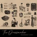 Vintage sewing-themed clipart set on a beige background. Includes dress forms, women sewing, a spool of thread, needle, thimble, scissors, safety pin, and decorative text reading "Stitch," "Mend," "Make," and "Sew." Labeled "The Dressmaker Transparent Clipart.