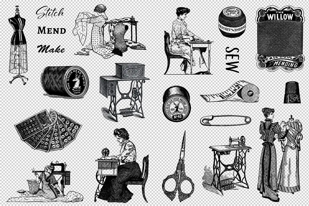 A collage of vintage sewing illustrations including a dress form, women sewing, sewing machines, spools of thread, a thimble, scissors, tape measure, safety pin, and sewing-related text like "Stitch," "Mend," and "Make.
