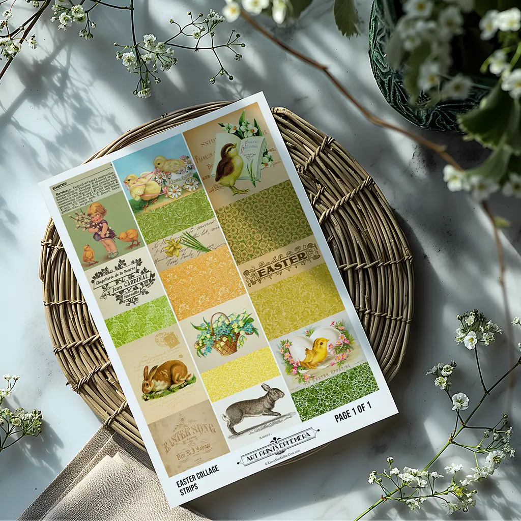 A sheet of Easter-themed collage strips with vintage illustrations and patterns lies on a round woven mat. Surrounding it are delicate white flowers and green foliage on a light surface.