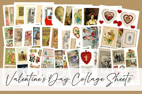 A collection of vintage Valentine's Day collage sheets brimming with charming illustrations. The sheets feature hearts, flowers, and romantic scenes. Text at the bottom reads "Vintage Valentine's Day Collage" in elegant script, capturing the timeless essence of love.