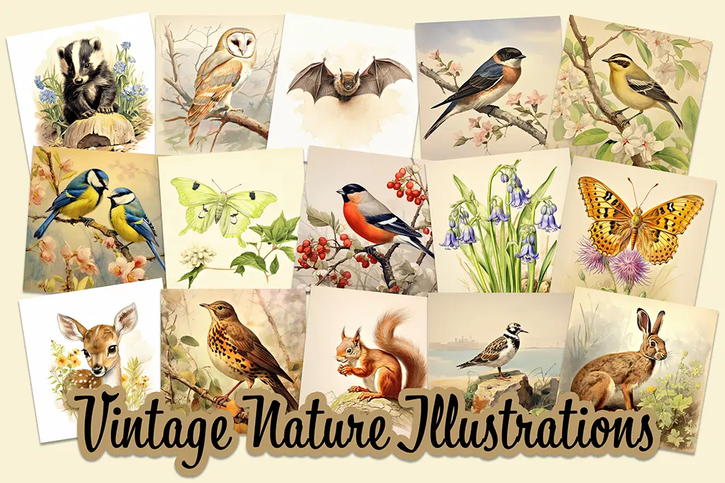 A collage of vintage nature illustrations: various birds, a bat, an owl, a badger, a deer, a squirrel, butterflies, a moth, flowers, and a mushroom. The text at the bottom reads "Vintage Nature Illustrations.