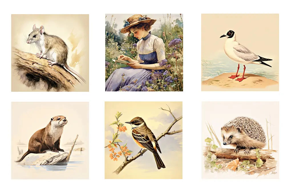 A collage of six illustrations: a mouse on a branch, a woman in a hat reading a book, a seagull on a shore, an otter on a log, a bird perched on a flowering branch, and a hedgehog among leaves.