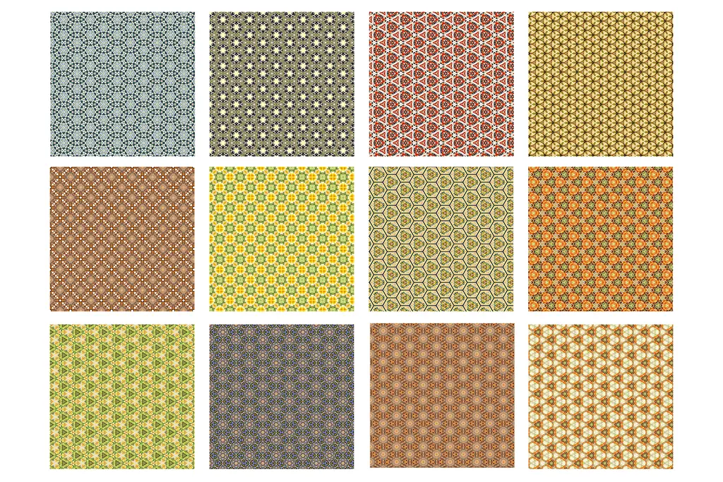 A grid of twelve squares, each filled with a unique, intricate geometric pattern. The patterns include various combinations of shapes like diamonds, stars, and hexagons in a range of colors, including blue, green, yellow, brown, and orange.