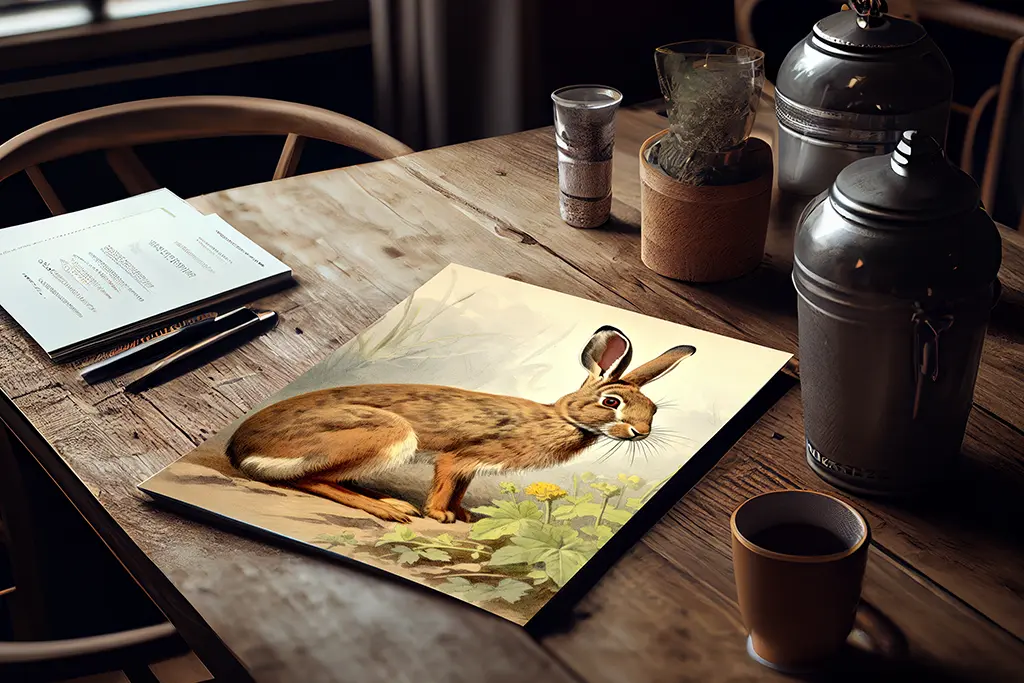 A rustic wooden table holds a painting of a brown hare with a background of yellow flowers. The table also features a cup of coffee, pens, paper, two small jars, a plant in a pot, and two metal canisters. Soft light from a window illuminates the scene.