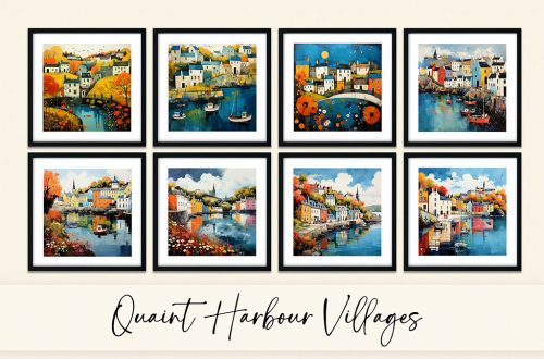 A grid of eight framed illustrations depicts vibrant harbour villages with colorful buildings, boats, and scenic water views. Each illustration showcases different angles and elements of the charming coastal scenery. The text below reads "Quaint Harbour Villages.